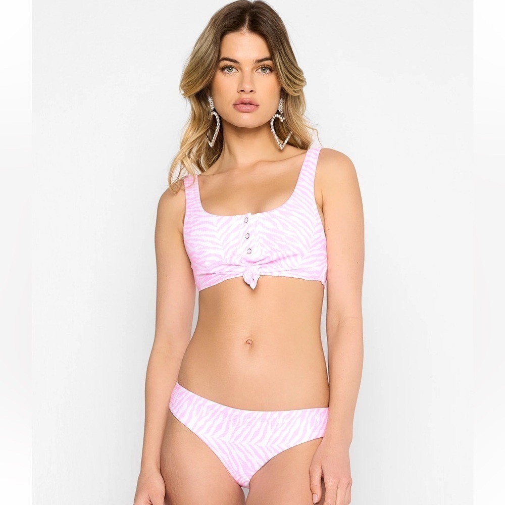 Beach Bunny Pink Zebra Bikini Set – Size M Top & Bottom – Ribbed Tie Front NWOT